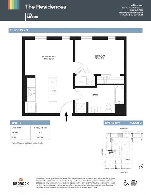 Floor plan for 1 bed, 1 bath, 494 sqft